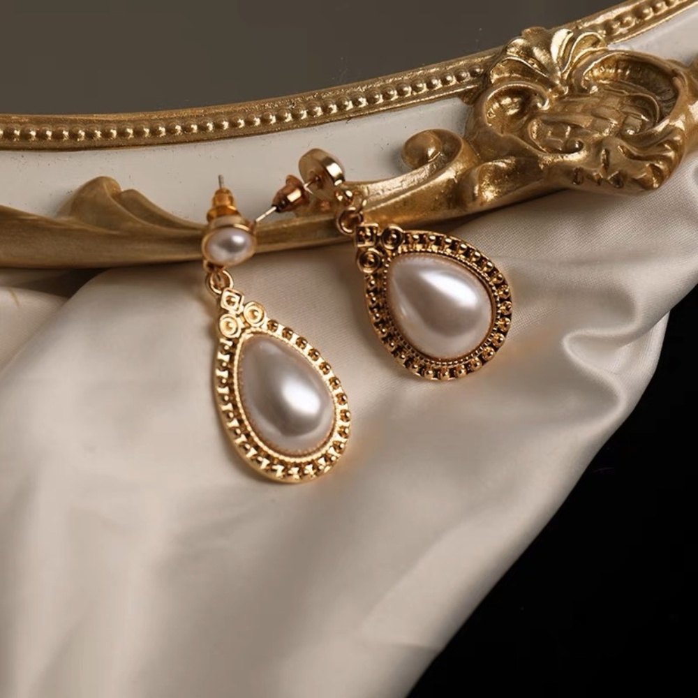 Antiqued Victorian Pearl Gold Finish Earrings